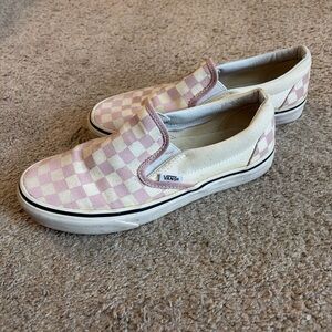 Vans Women's Pink and Cream Checkerboard Slip-On Sneakers